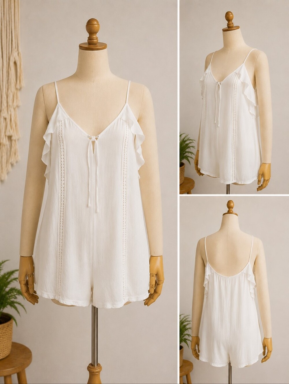 White Flowy Romper Boho Ruffle Sleeveless Size M